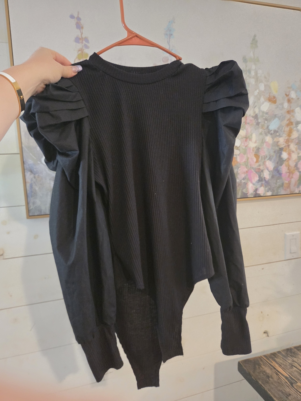 SHEIN Black Puff-Sleeve Ribbed Sweatshirt